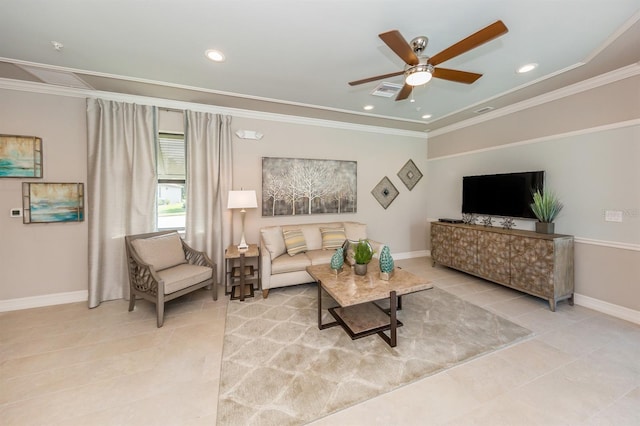 living room featuring ceiling fan, light tile patterned floors, and crown molding