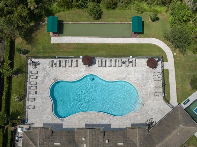 view of swimming pool with a lawn