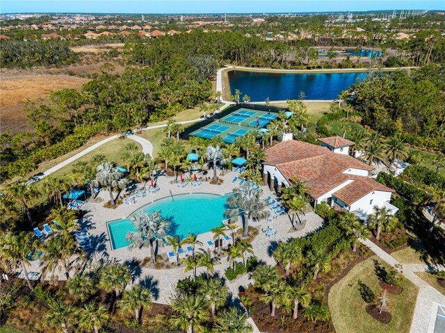 aerial view featuring a water view