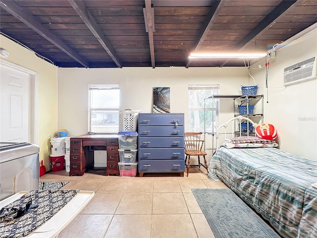 bedroom featuring light tile patterned flooring, beam ceiling, wood ceiling, and a wall mounted air conditioner