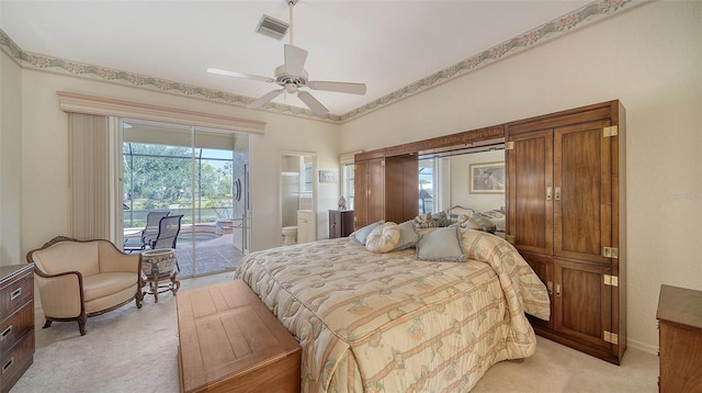 carpeted bedroom featuring ceiling fan and access to outside