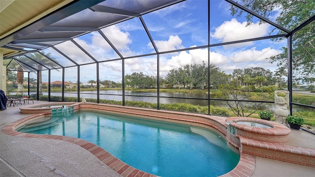 view of swimming pool featuring a patio, a water view, glass enclosure, and an in ground hot tub