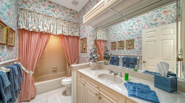 full bathroom with tile patterned flooring, vanity, toilet, and shower / bath combo with shower curtain