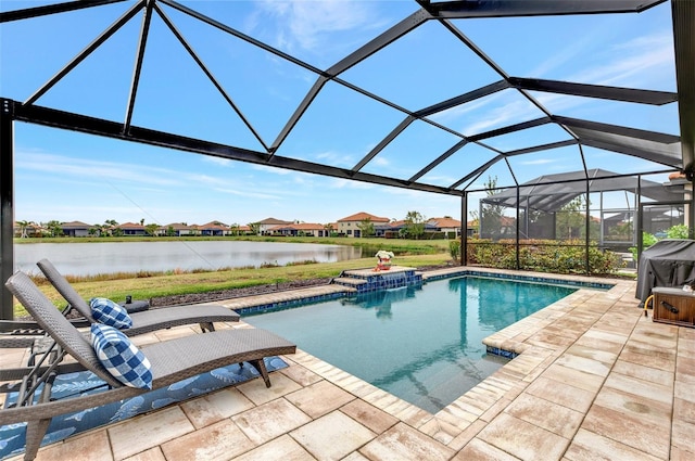 view of swimming pool featuring area for grilling, a patio, a water view, and glass enclosure