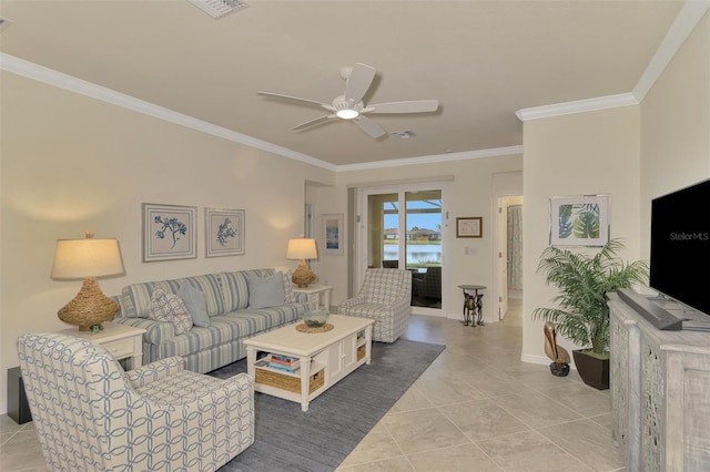 tiled living room featuring crown molding and ceiling fan