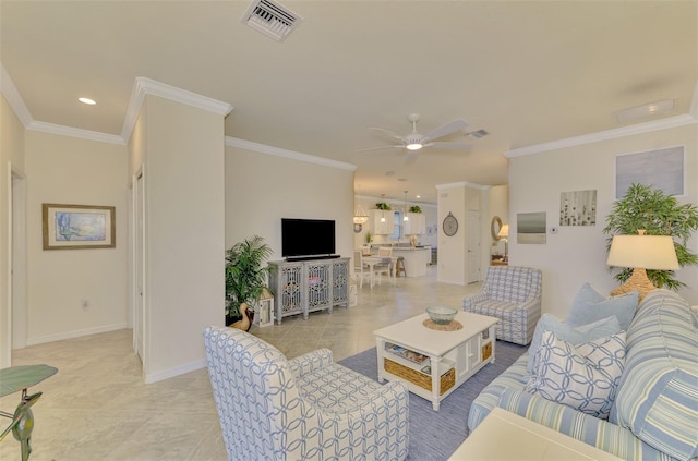 living room with crown molding, light tile patterned floors, and ceiling fan