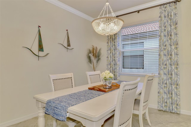 dining space featuring ornamental molding, light tile patterned floors, and a notable chandelier