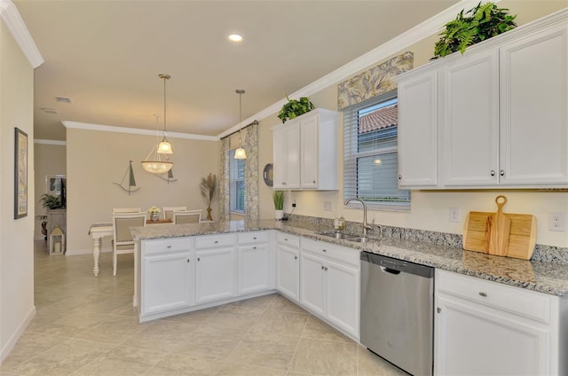 kitchen featuring pendant lighting, sink, dishwasher, white cabinets, and kitchen peninsula