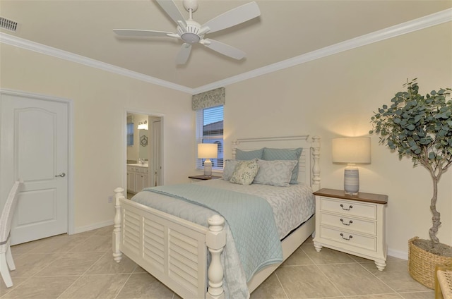 tiled bedroom with ceiling fan, ornamental molding, and ensuite bath