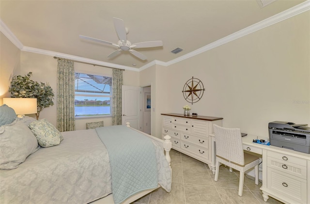 bedroom featuring light tile patterned flooring, ceiling fan, and ornamental molding