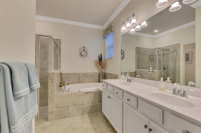 bathroom featuring tile patterned flooring, crown molding, shower with separate bathtub, and vanity