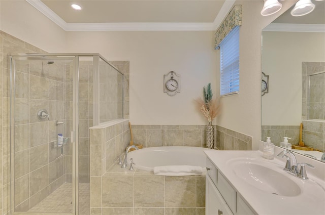 bathroom with crown molding, vanity, and plus walk in shower