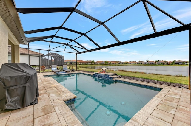 view of pool featuring a grill, a jacuzzi, a lanai, a water view, and a patio area