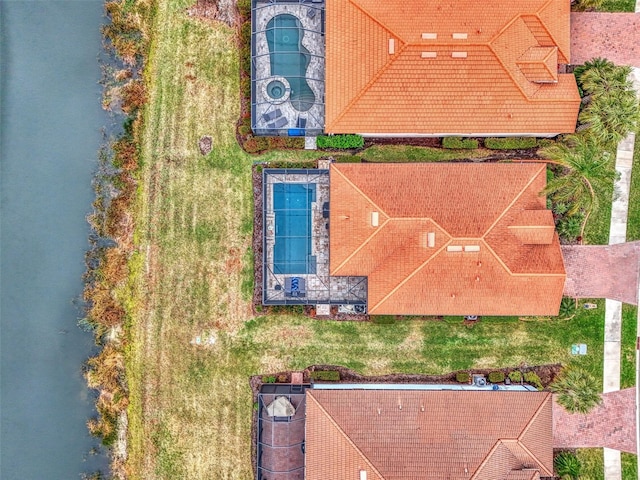 drone / aerial view featuring a water view