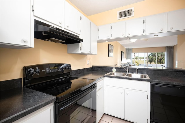 kitchen with white cabinetry, sink, light tile patterned flooring, and black appliances