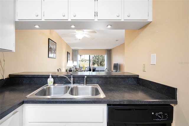 kitchen with white cabinetry, ceiling fan, dishwasher, and sink