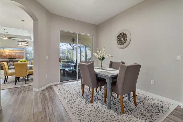 dining area featuring ceiling fan, baseboards, and wood finished floors