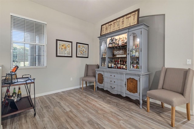 living area featuring a bar, baseboards, and wood finished floors