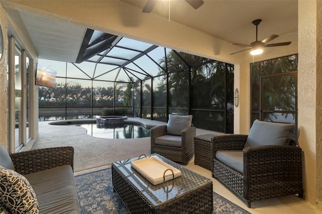 view of patio with an outdoor living space, an in ground hot tub, and a lanai