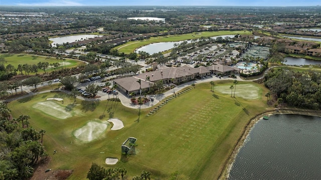 bird's eye view with view of golf course and a water view