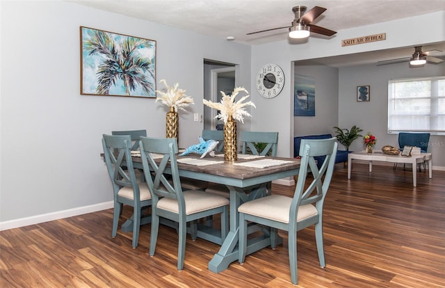 dining room with ceiling fan and dark hardwood / wood-style flooring