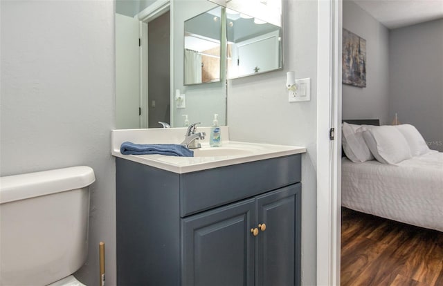 bathroom featuring vanity, toilet, and hardwood / wood-style floors