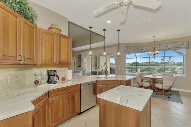 kitchen featuring kitchen peninsula, hanging light fixtures, a kitchen island, stainless steel dishwasher, and sink