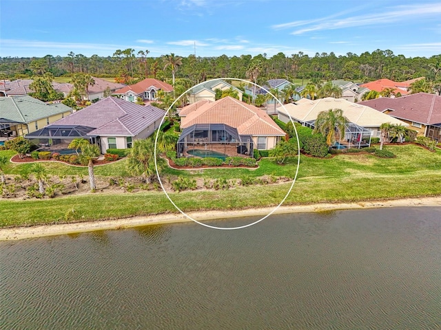 drone / aerial view featuring a water view