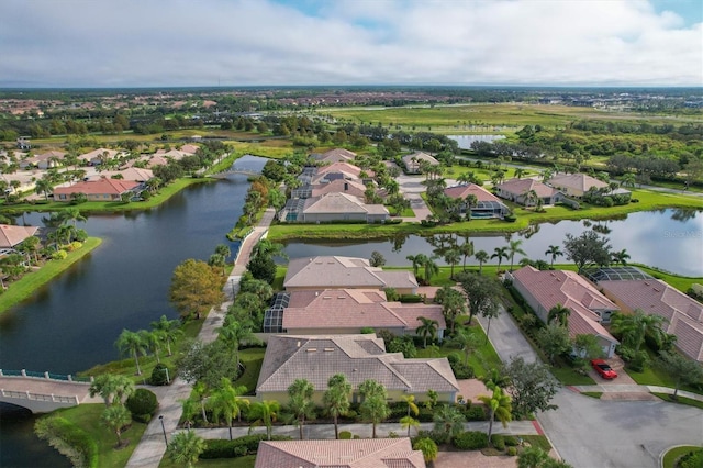 drone / aerial view featuring a water view