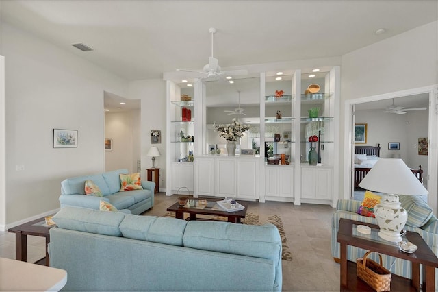 living room with ceiling fan