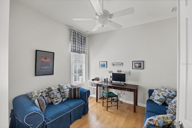 office space with ceiling fan and hardwood / wood-style floors