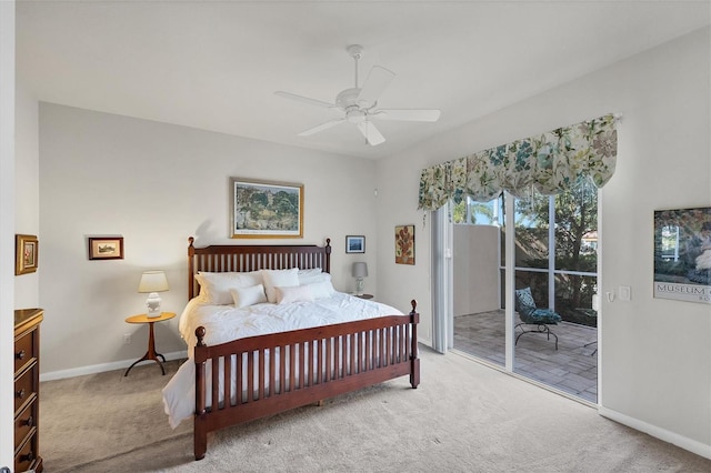 bedroom with ceiling fan, light carpet, and access to outside