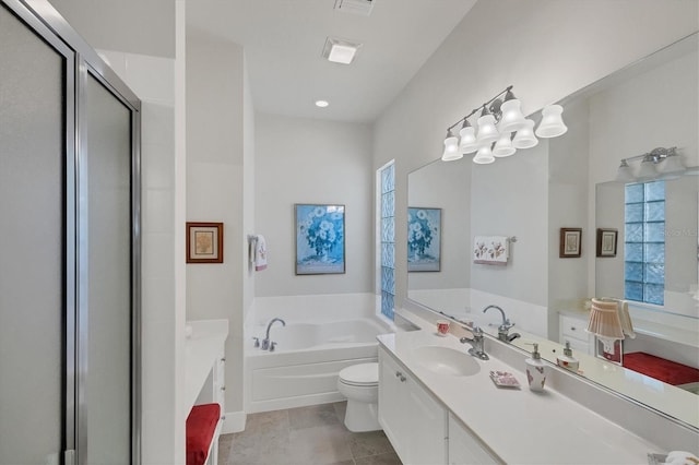 full bathroom with vanity, toilet, shower with separate bathtub, and tile patterned floors