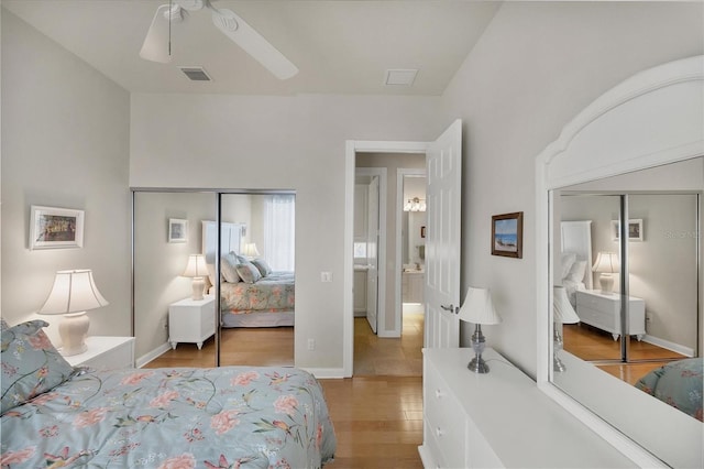 bedroom with light wood-type flooring, a closet, and ceiling fan