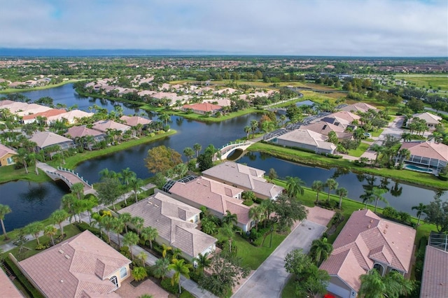 drone / aerial view featuring a water view