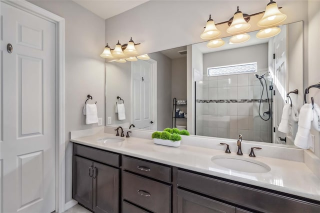 bathroom featuring vanity and a shower with shower door