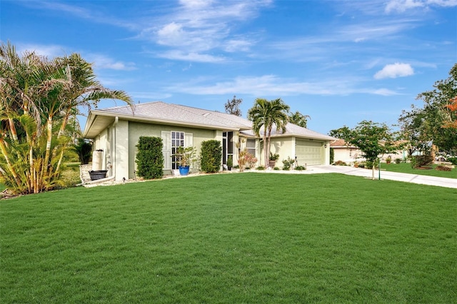 single story home featuring a garage and a front lawn