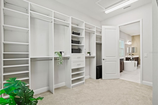 spacious closet featuring light carpet