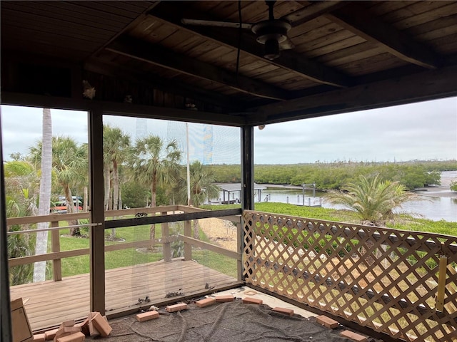 exterior space with ceiling fan and a water view