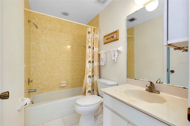 full bathroom with shower / tub combo with curtain, toilet, tile patterned flooring, and vanity