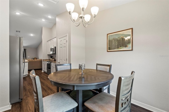 dining area with lofted ceiling, dark wood-type flooring, and a chandelier