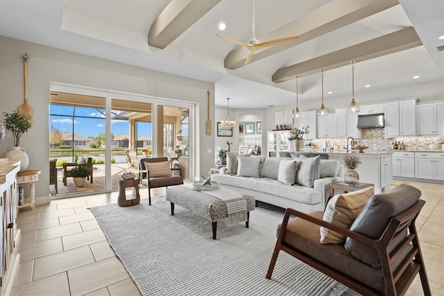 living room featuring light tile patterned floors and ceiling fan