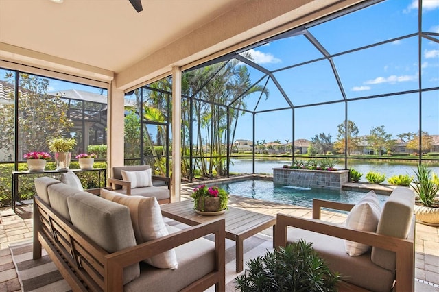 view of patio / terrace with a water view, pool water feature, an outdoor living space, and glass enclosure