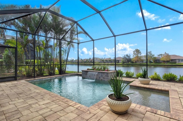 view of pool featuring a water view, a lanai, pool water feature, and a patio area