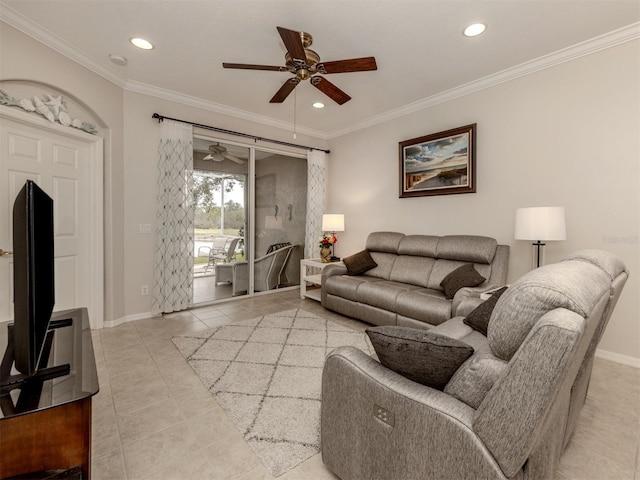 living room featuring light tile patterned floors, crown molding, and ceiling fan