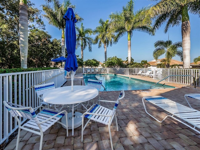 view of swimming pool featuring a patio area