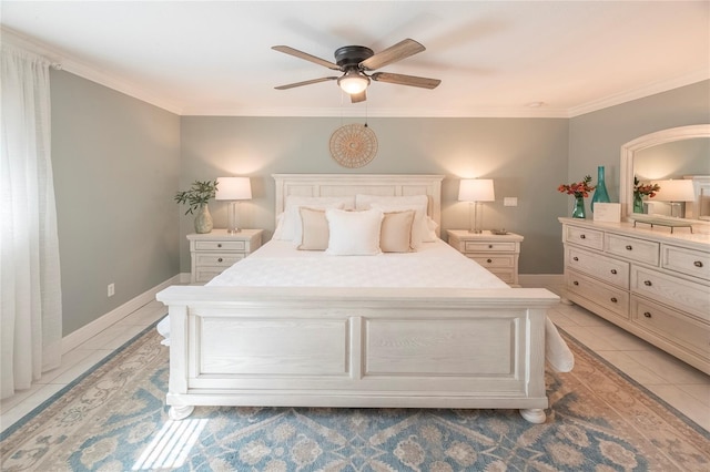 bedroom with crown molding, ceiling fan, and light tile patterned flooring