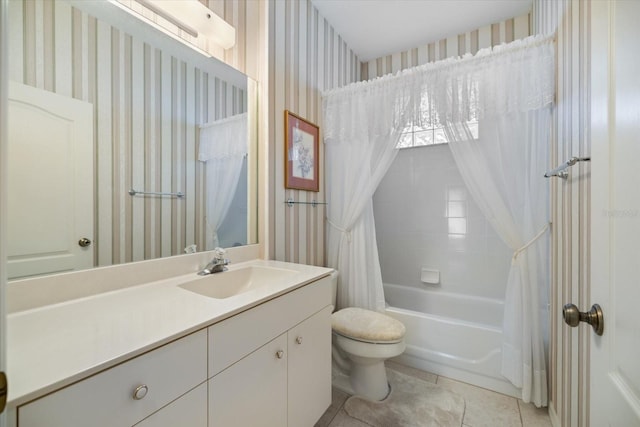 bathroom featuring shower / tub combo with curtain, toilet, vanity, tile patterned flooring, and wallpapered walls