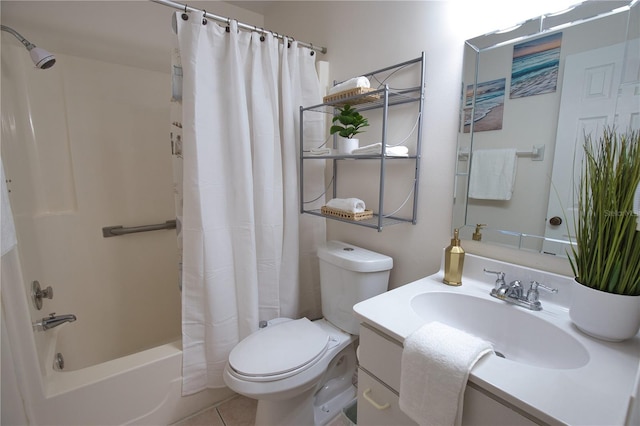 full bathroom with tile patterned flooring, vanity, toilet, and shower / bath combo with shower curtain