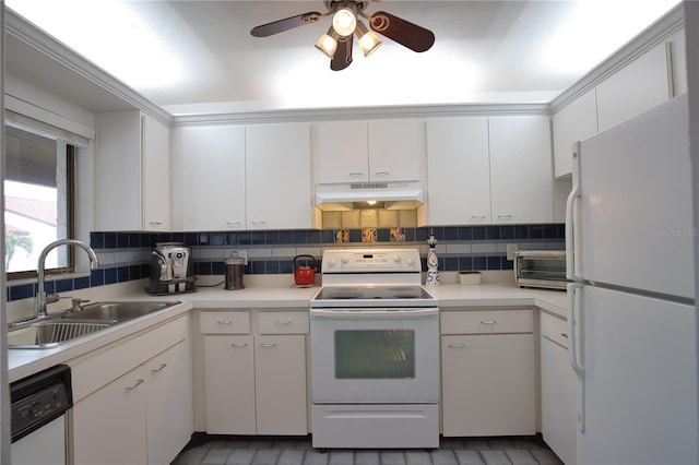 kitchen with white cabinetry, sink, backsplash, and white appliances